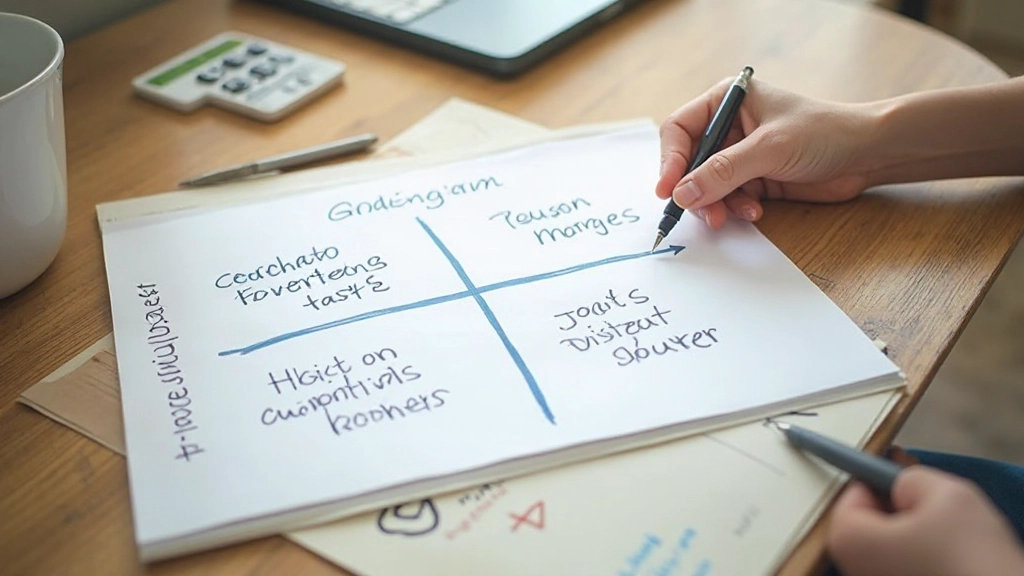 Handgeschriebene Eisenhower-Matrix mit verschiedenen Aufgaben in den Quadranten, realistischer Arbeitsplatz