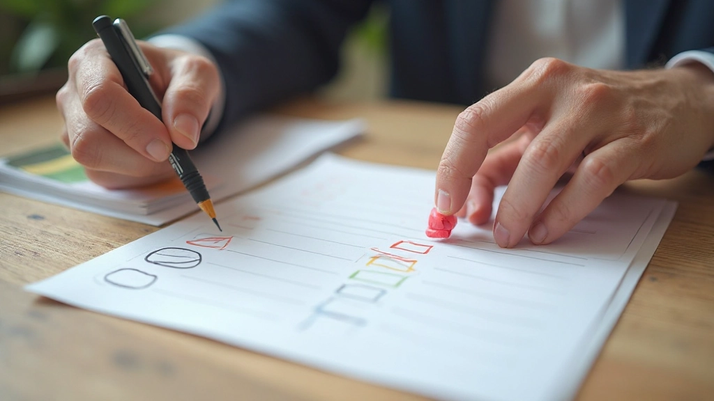Hand schreibt Aufgaben auf Papier, Prioritäten werden mit Stift markiert