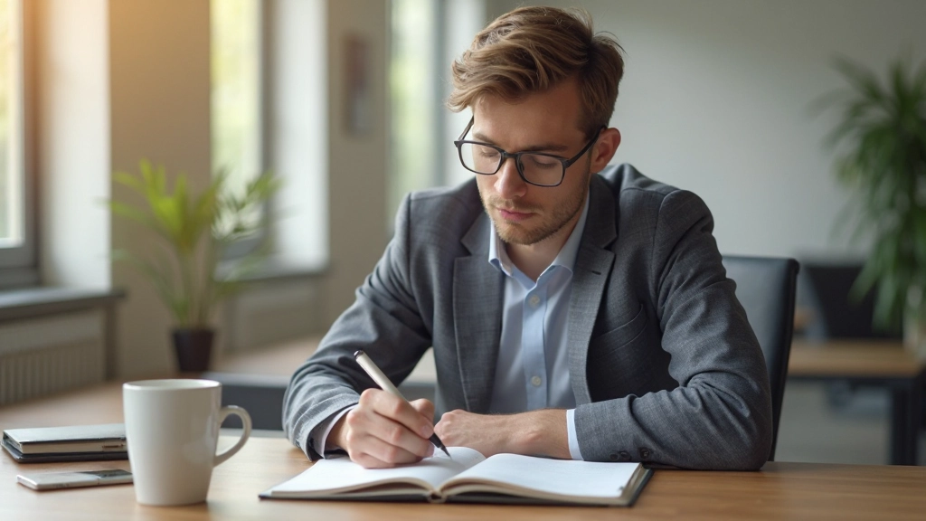 Person sitzt am Schreibtisch mit Notizbuch und Kaffee, plant ihren Tag