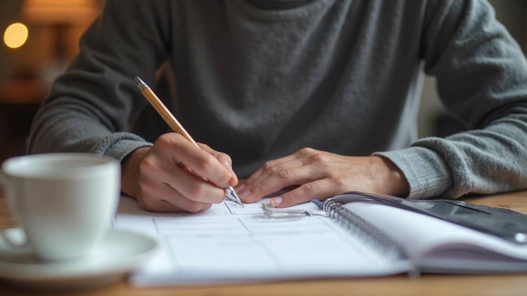 Person schreibt Tagesplan mit Zeitblöcken auf Papier mit Tasse Kaffee daneben