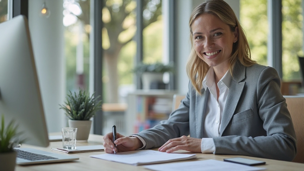 Produktive Person sitzt entspannt am Schreibtisch, hat ihre Aufgaben für den Tag bewältigt