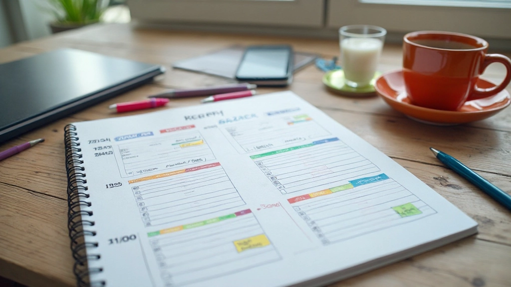 Wochenplaner mit bunten Markierungen zeigt eingeplante Zeitblöcke für verschiedene Projekte