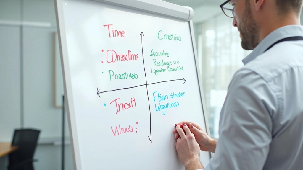 Matrix auf Whiteboard mit vier Quadranten, beschriftet und farbcodiert für Aufgabenverwaltung