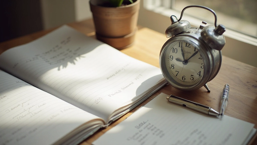 Wecker auf Schreibtisch neben Planerseiten und Stift